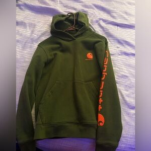 Carhartt Olive Hoodie with Orange Logo